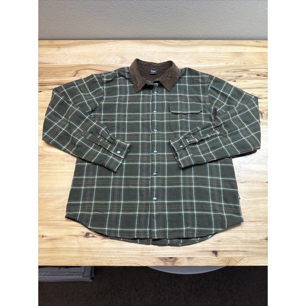 Oakley Mens 2XL Plaid Button Down Shirt Green Brown Corduroy Collar Snap Front